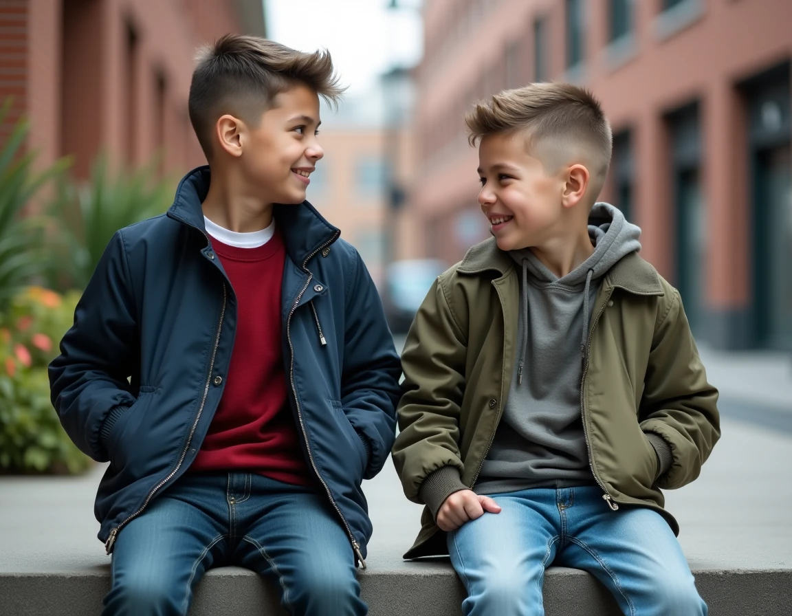 Deux adolescents assis sur un muret urbain montrant deux coupes de cheveux différentes illustrant la transition coiffure entre enfant et adolescent de 14 ans