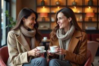 Deux femmes élégantes discutent autour d'un café à Paris