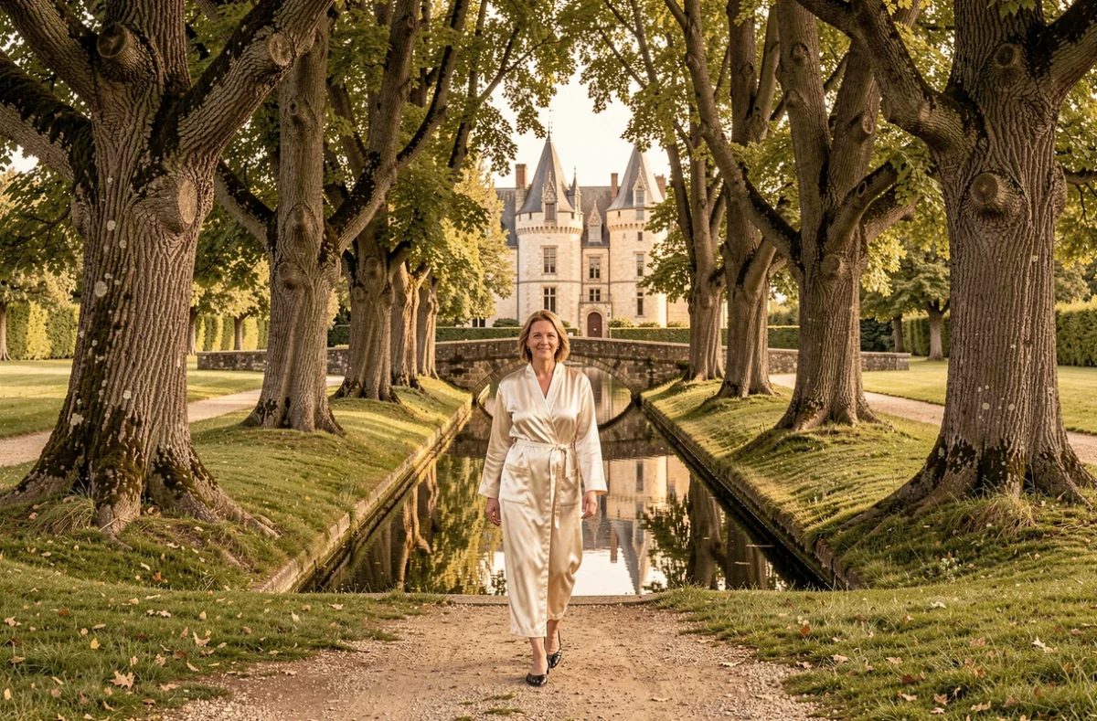 Femme en robe de soie se promenant dans l'allée arborée du Domaine de la Bretesche avec le château médiéval et ses douves en arrière-plan
