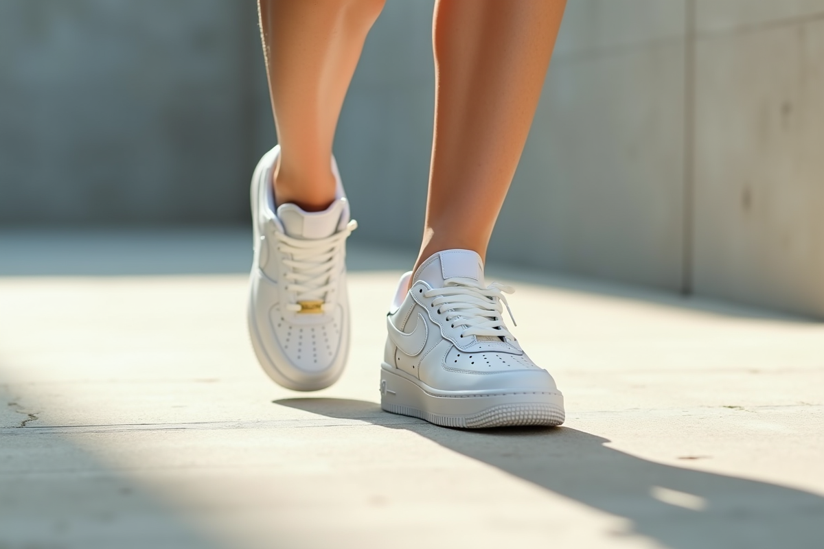 Zoom sur sneakers blancs Air Force One en marche sur surface en béton