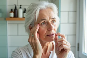Femme aux cheveux blancs examinant une tache dorée de bétadine sur une mèche dans une salle de bain