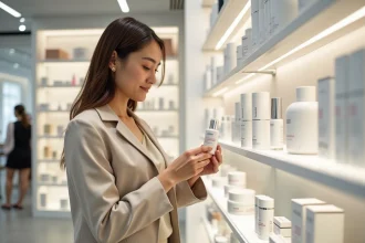 Employée L'Oréal consultant les produits disponibles dans le magasin de vente au personnel staffshop