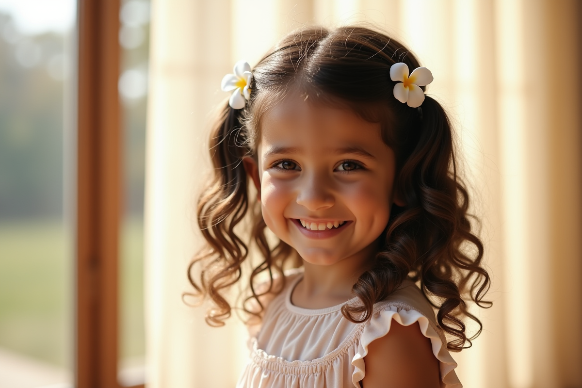 Petite fille souriante avec fleurs dans les cheveux