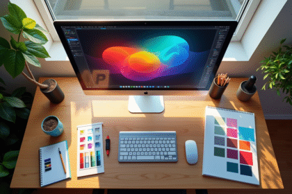 Espace de travail moderne d'un designer vu de dessus