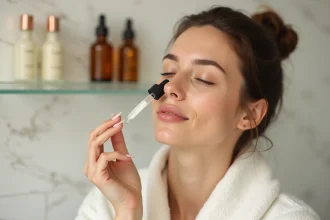 Femme appliquant une essence cosmétique sérum sur la peau dans une salle de bain en marbre, peau repulpée et lumineuse
