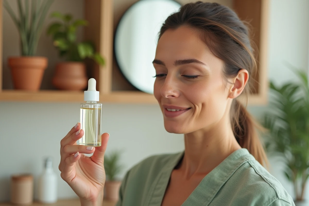 Femme mature tenant un flacon d'essence cosmétique devant un miroir en bois scandinave, soin anti-âge repulpant