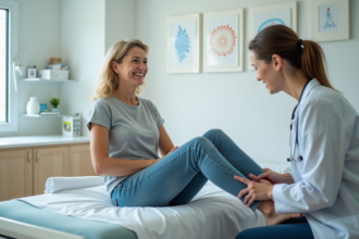 Femme d'âge moyen lors d'un examen médical de la jambe