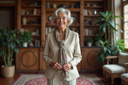 Femme de 70 ans élégante dans un salon chic