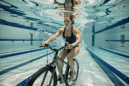Femme pratiquant l'aquabike dans une piscine intérieure moderne, vue sous-marine en 3/4, ambiance sportive et dynamique