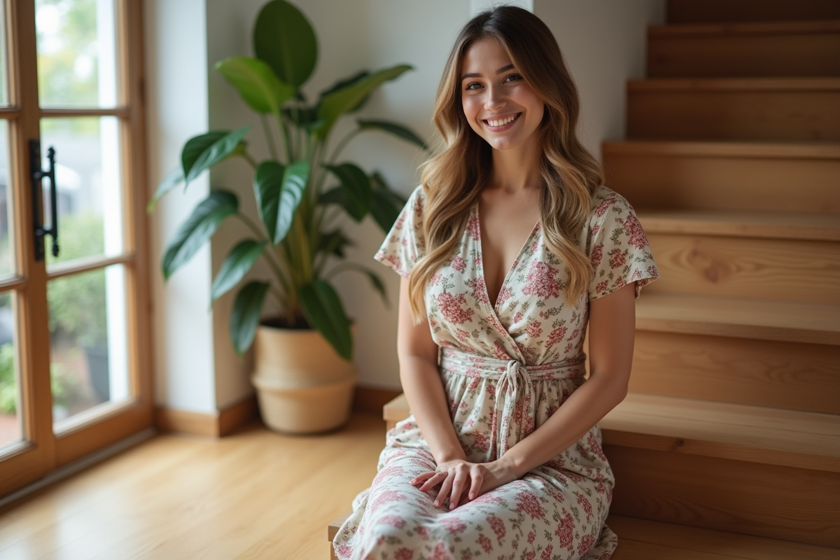 Jeune femme assise dans un appartement avec robe fleurie