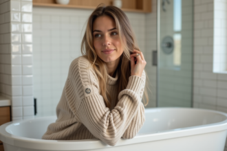 Femme assise au bord de la baignoire dans une salle de bain moderne