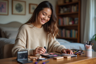 Jeune femme organisant ses outils de maquillage dans une chambre chaleureuse