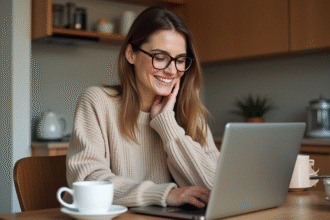Femme souriante regardant un site santé beauté sur son ordinateur
