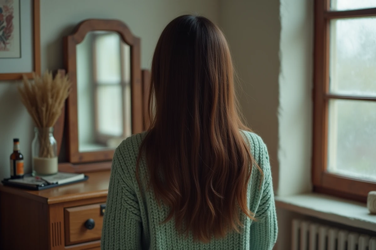 Jeune femme brune assise devant une coiffeuse avec une coupe mi-longue dégradée aux cheveux lisses naturels