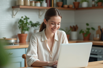 Jeune femme souriante avec blouse en lin dans une cuisine lumineuse