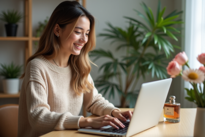 Jeune femme au bureau à la maison naviguant sur un site parfum