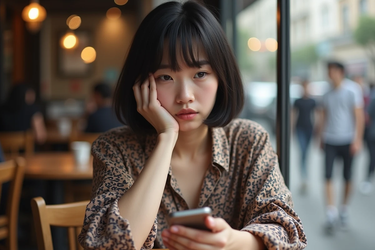 Jeune femme au café regardant son téléphone avec déception