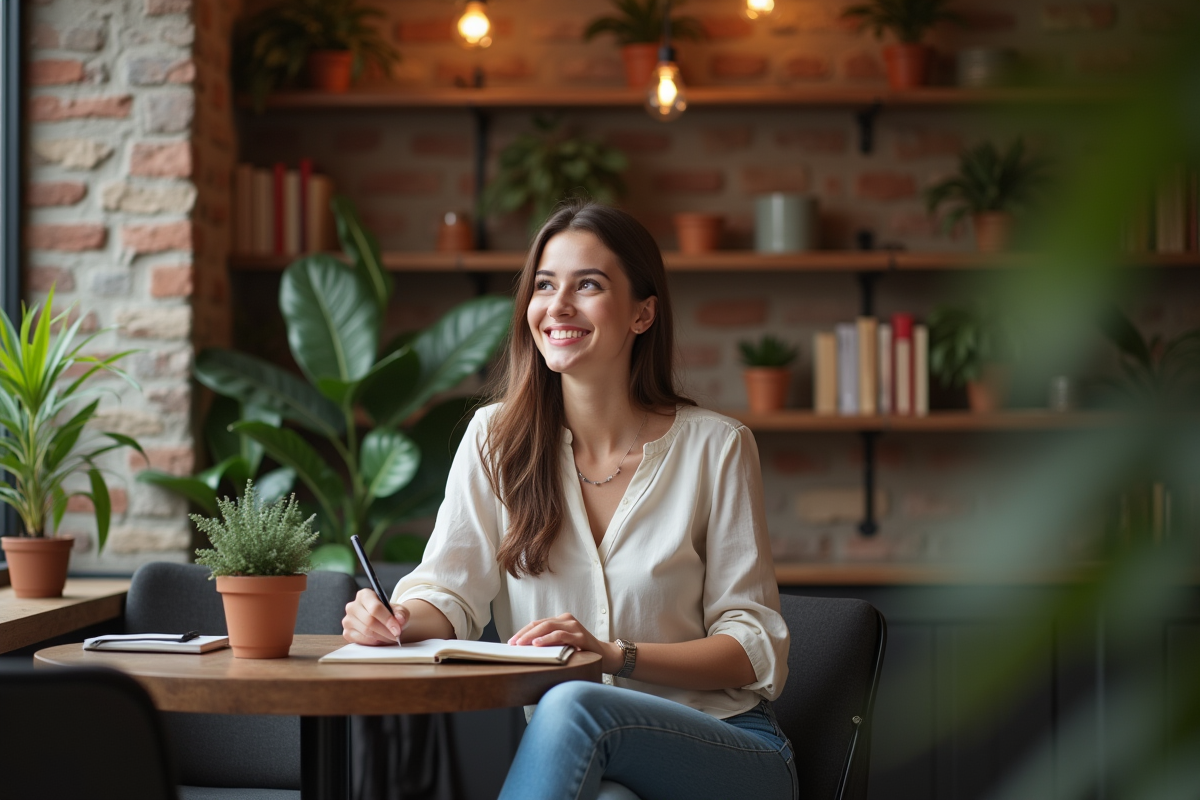 Femme souriante dans un café cosy en intérieur