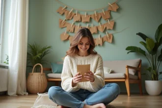 Femme en sweater crème choisissant une enveloppe recyclée
