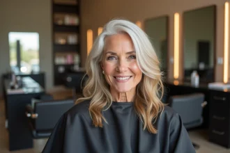 Femme aux cheveux blancs avec un balayage caramel réalisé en salon de coiffure pour raviver le teint