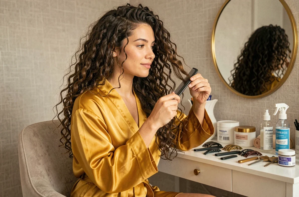 Jeune femme aux cheveux bouclés longs en robe satin qui prépare une coupe maison devant une coiffeuse