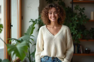 Femme souriante aux cheveux crépus et coupe shaggy dans un intérieur cosy