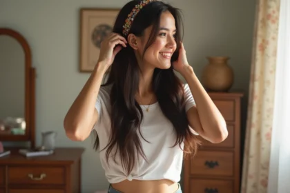 Femme coiffant ses cheveux avec un ruban Kardoune dans une chambre lumineuse