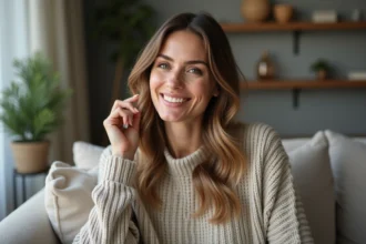 Femme aux cheveux naturels et volumineux souriant dans un salon