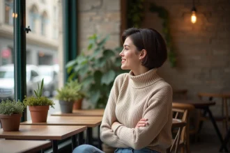 Femme élégante regardant par la fenêtre d'un café