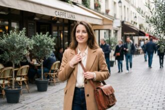Femme élégante ajustant son sac en cuir dans la rue urbaine