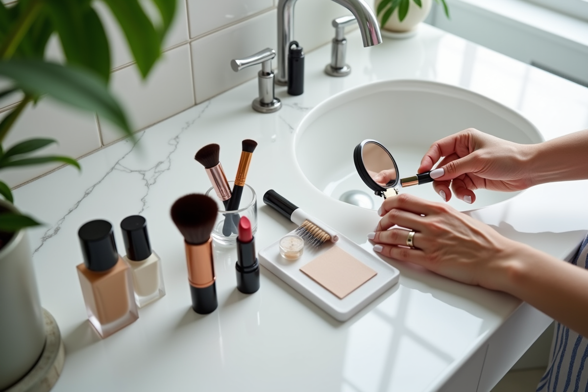 Femme âgée sélectionnant un pinceau de maquillage sur un comptoir en marbre blanc