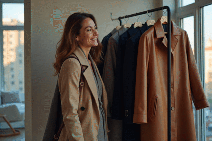 Femme stylée choisissant un manteau dans un appartement moderne