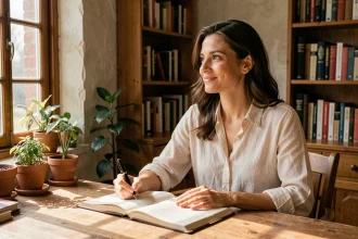 Femme confiante écrivant une citation beauté dans un carnet dans un bureau cosy et chaleureux