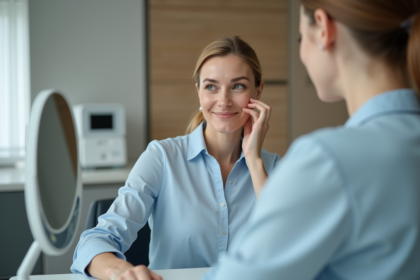 Femme en consultation dermatologique dans un cabinet moderne