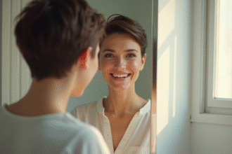 Femme confiante avec coupe courte devant miroir lumineux