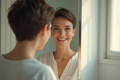 Femme confiante avec coupe courte devant miroir lumineux
