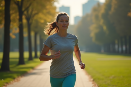 Femme sportive courant dans un parc verdoyant