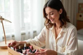 Femme déballant une box beauté mensuelle sur une coiffeuse en bois, découvrant rouges à lèvres et palettes de maquillage
