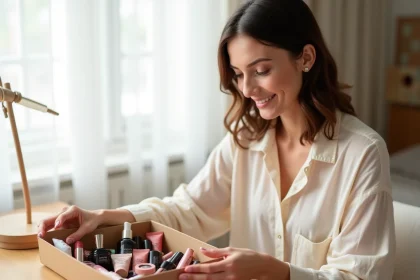 Femme déballant une box beauté mensuelle sur une coiffeuse en bois, découvrant rouges à lèvres et palettes de maquillage