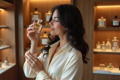 Femme testant un parfum de luxe dans une boutique parisienne élégante, tenant un flacon en verre avec une expression de découverte apaisée