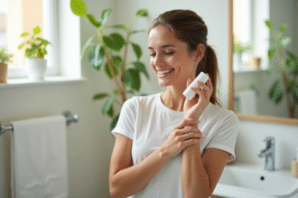 Jeune femme appliquant un déodorant naturel dans une salle lumineuse