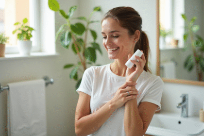 Jeune femme appliquant un déodorant naturel dans une salle lumineuse