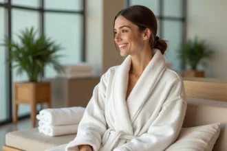 Femme détendue en peignoir blanc dans un espace bien-être urbain moderne après le travail