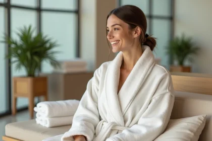Femme détendue en peignoir blanc dans un espace bien-être urbain moderne après le travail