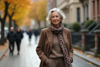 Femme sophistiquée en automne sur le trottoir