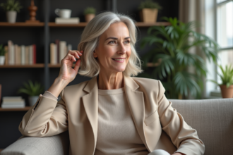 Femme élégante en blazer beige dans un salon cosy