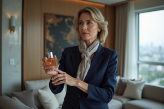 Femme élégante en blazer navy et foulard parfumant son poignet