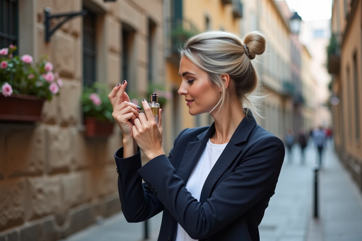 Femme élégante appliquant son parfum signature au poignet dans une rue pavée d'une ville européenne historique