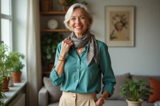 Femme élégante ajustant un foulard en soie dans un salon lumineux