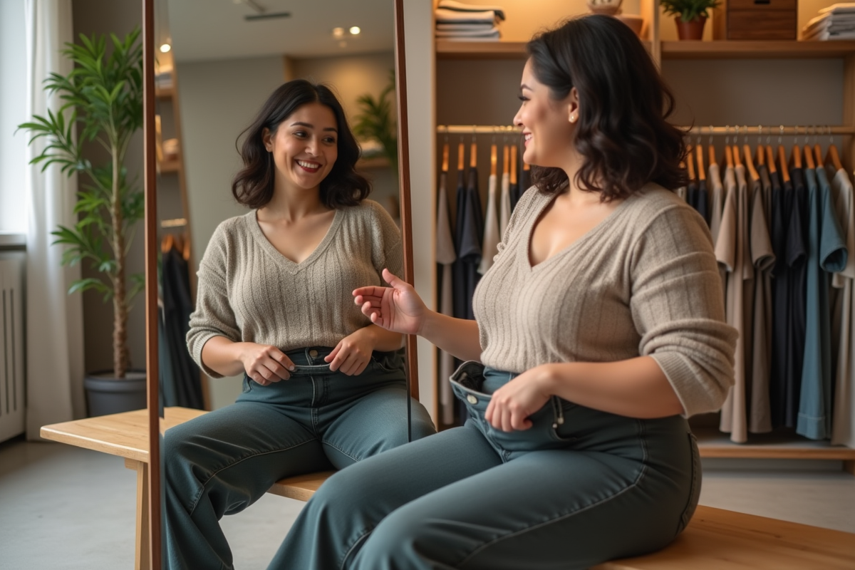 Femme en boutique essayant des pantalons haute taille